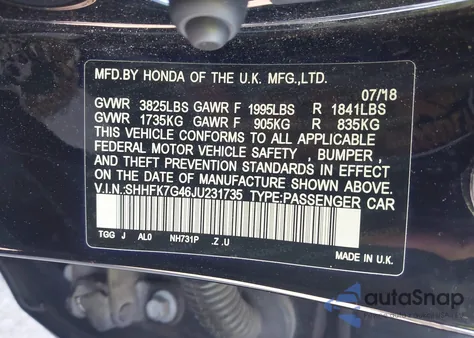 2018 Honda Civic Sport из США, поврежденный, VIN SHHFK7G46JU231735